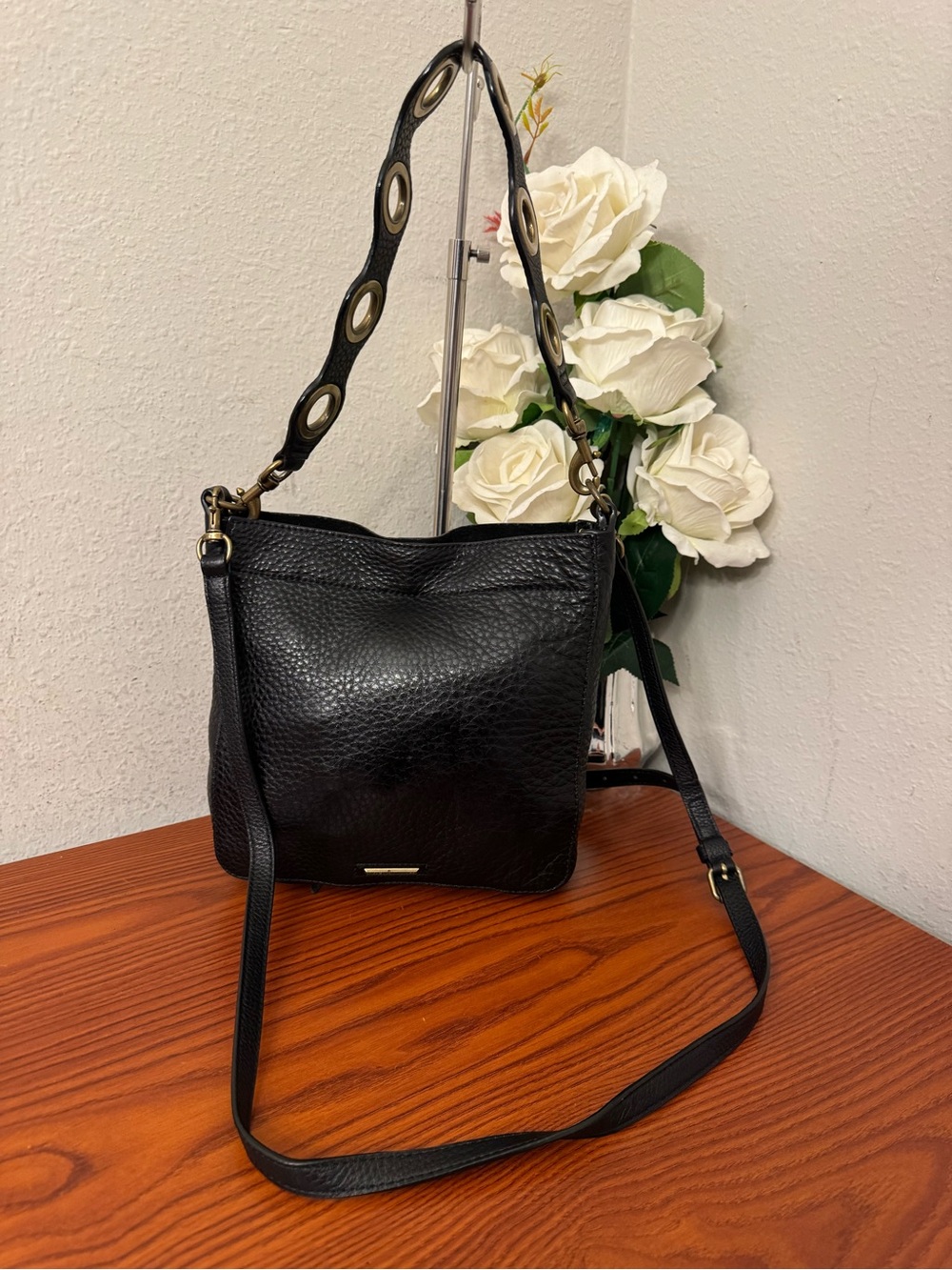 Rebecca Minkoff Black Pebbled Leather Crossbody with Gold Ring Detail - Picture 8 of 13